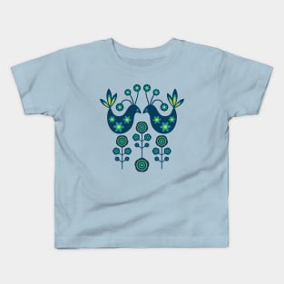 LOVE BIRDS Folk Art Mid-Century Modern Scandi Floral With Birds Flowers Feathers in Dark Blue Turquoise Yellow Green - UnBlink Studio by Jackie Tahara Kids T-Shirt